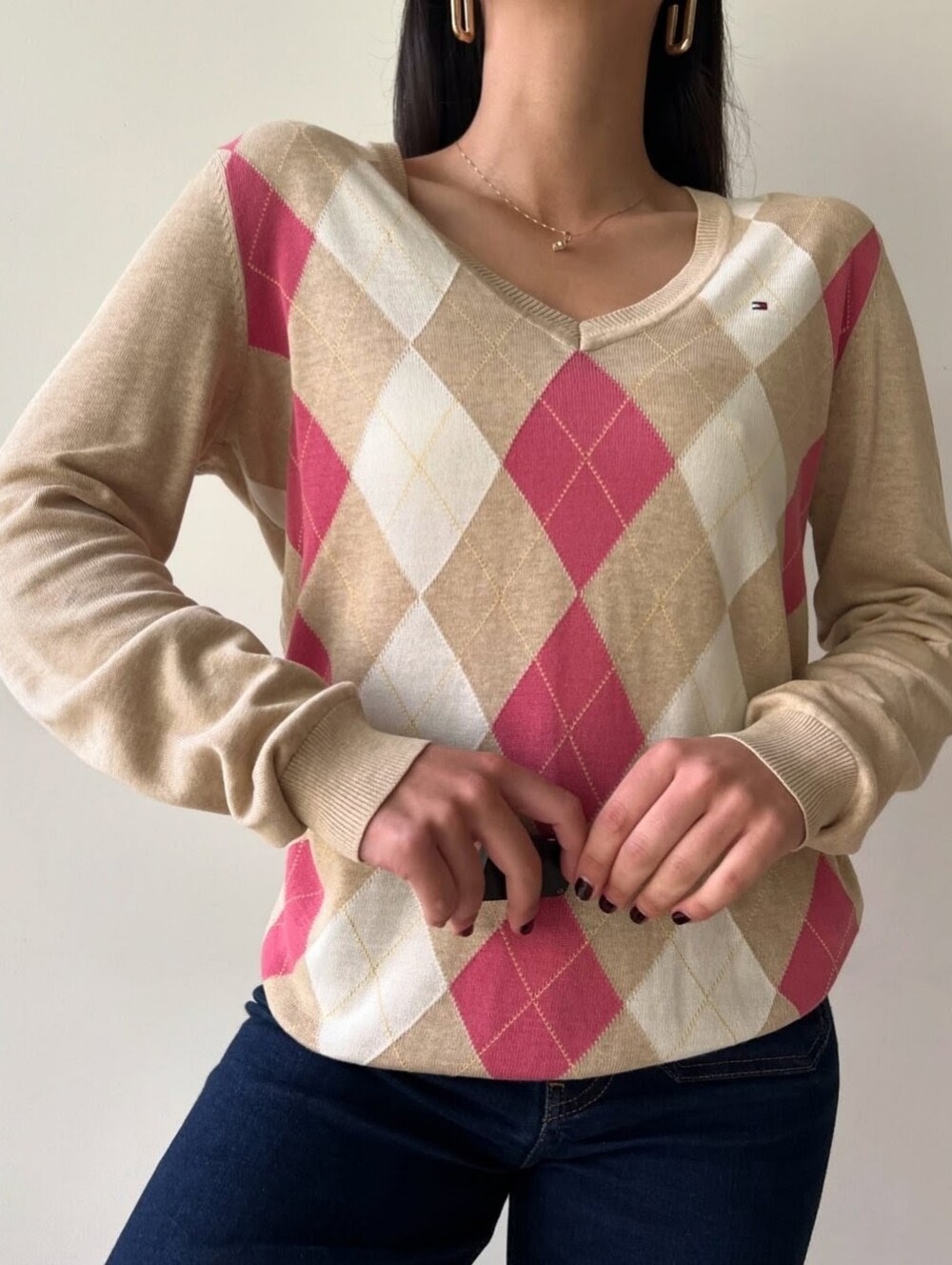 Tommy Hilfiger Women Beige Pink Argyle V-Neck Lightweight Knit Preppy Sweater XL